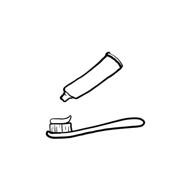 Mano Dibujado Cepillo Dientes Pasta Dientes Ilustración Con Doodle Estilo — Vector de stock