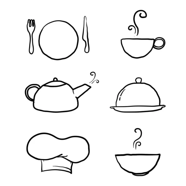Mano Dibujado Doodle Conjunto Iconos Cocina Iconos Vectores Blanco Negro — Archivo Imágenes Vectoriales