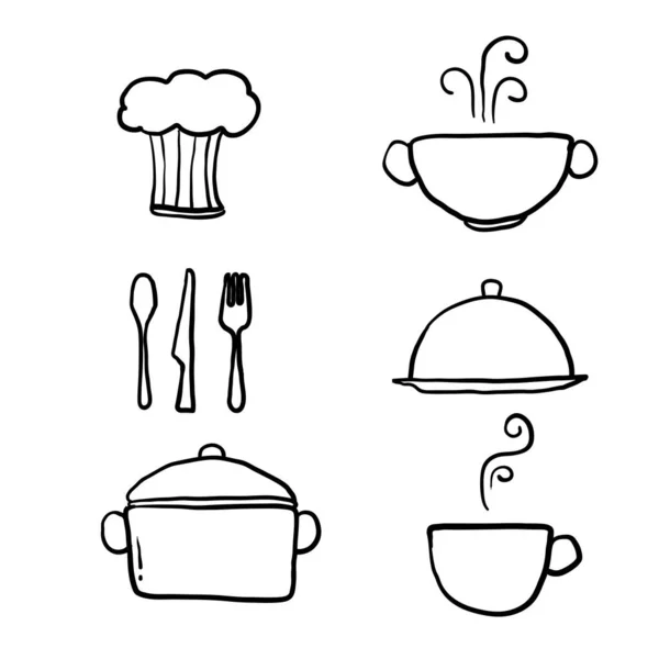 Mão Desenhado Doodle Conjunto Ícones Cozinha Ícones Vetoriais Preto Branco — Vetor de Stock