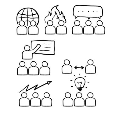 Seminer, sınıf, takım, konferans, iş, sınıf karalaması gibi el yapımı toplantı simgeleri koleksiyonu