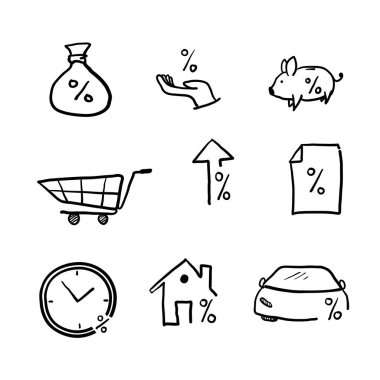 El çizimi Basit Kredi ve Kredi İlgili Vektör Çizgisi Simgeleri Kümesi. Oran Hesaplayıcı, Kredi Kartı, Mevduat gibi simgeler içerir. karala