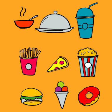 El yapımı Gıda, İçecekler İlgili Vektör Hattı Simgeleri. Icons of Pizza, Fries, Egg, Meat, Sushi, Hamburger, Donut, Soup, Sandviç, yumurta karalama içerir.