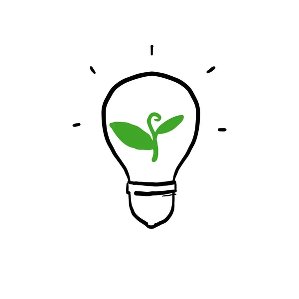 Handgetekende Plant Groeit Binnen Gloeilamp Symbool Voor Hernieuwbare Eco Energie — Stockvector