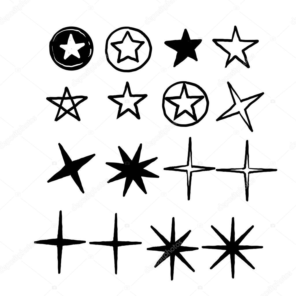 Hand drawn Star icons. Sparkles, shining burst. Vector symbols star isolated on white background.doodle