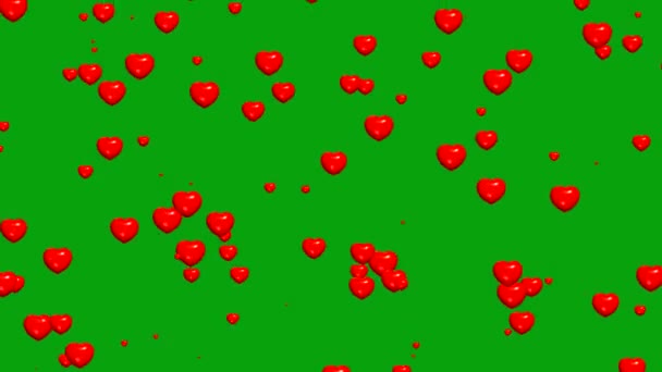 Falling Red Hearts Motion Graphics Green Screen Background — Stock Video