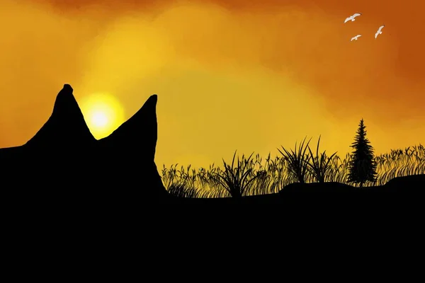 Ηλιοβασίλεμα Ανάμεσα Δύο Λόφους Όμορφη Ψηφιακή Τέχνη — Φωτογραφία Αρχείου