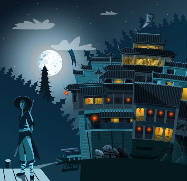 Kung fu lutador e antiga aldeia chinesa em segundo plano à noite —  Vetores de Stock