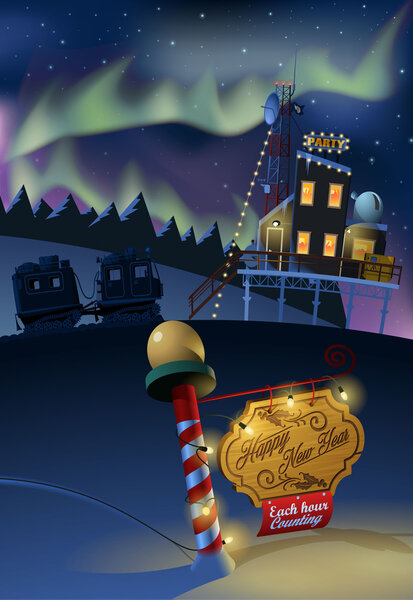 New year eve on Antarctica polar station and aurora light in background