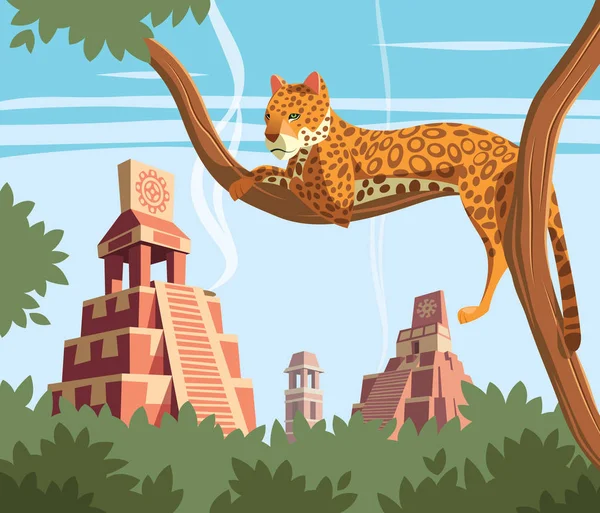 Jaguar en el árbol y Pirámides Mayas Antiguas en el fondo — Vector de stock