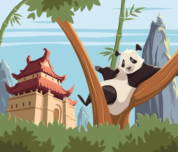 Panda su albero nell'antica Cina — Vettoriale Stock