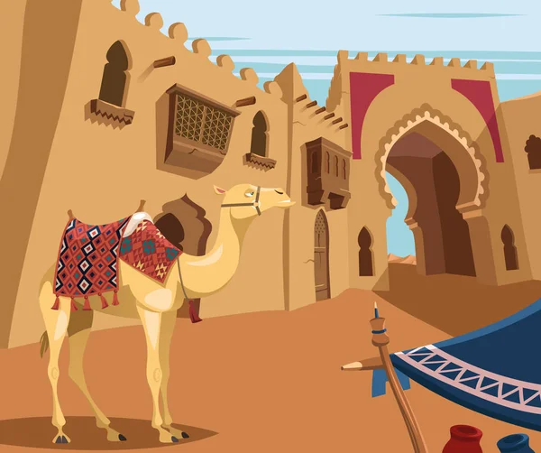Kameel in de Arabische woestijn stad — Stockvector