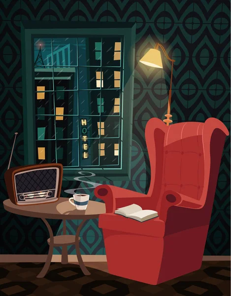 Se détendre avec un livre et une tasse de café et écouter la radio dans la soirée pluvieuse — Image vectorielle