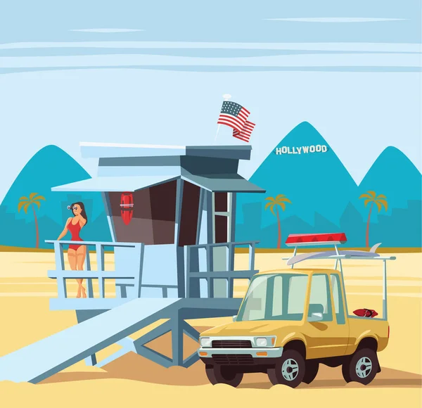 Woman lifeguard on duty with truck in Los Angeles beach — Stock Vector