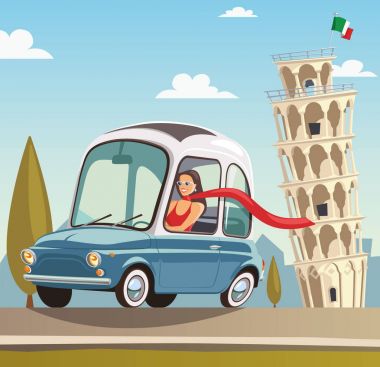 Bir kadın leaning tower Pisa yanındaki küçük bir mavi araba kullanıyor