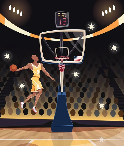 Jugador de baloncesto dunking in basketball arena — Vector de stock