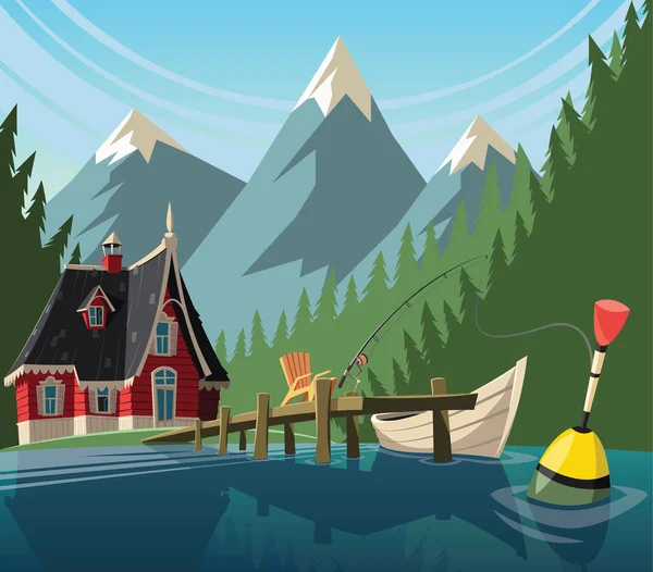 Día de pesca en el lago de montaña — Vector de stock