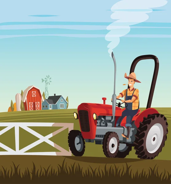 Tractor Rojo Conductor Una Pequeña Granja — Vector de stock