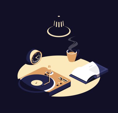 Kitap, müzik ve kahve sonra gece yarısı izometrik çizimde