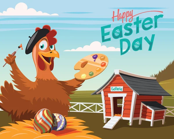 幸せなイースターの日 飾られた卵と鶏アーティスト — ストックベクタ