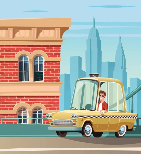 纽约出租汽车在街道和城市风景在 Backgraund — 图库矢量图片