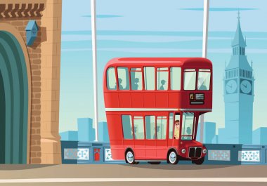 Londra Çift katlı otobüse arka planda Tower Bridge ve şehir manzarası