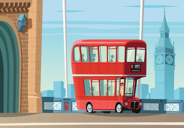 伦敦双塔桥与城市景观背景的双层客车 — 图库矢量图片
