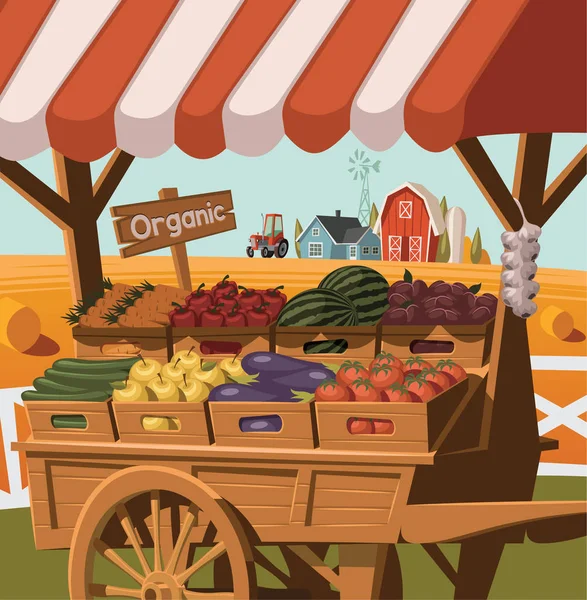 Stand Marché Avec Des Aliments Biologiques Petite Ferme Arrière Plan — Image vectorielle