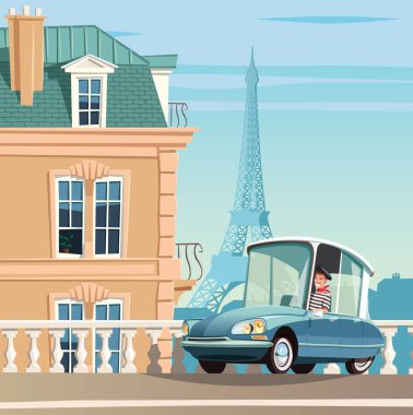 Paris sokakları ve Eyfel Kulesi arka planda eski Fransız otomobili