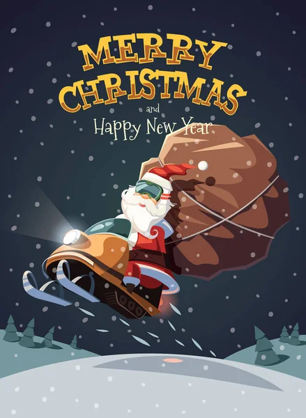 Noel Baba kar arabasıyla karda koşuyor.