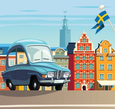 Stockholm 'deki küçük mavi araba ve arka plandaki Gamla Stan.