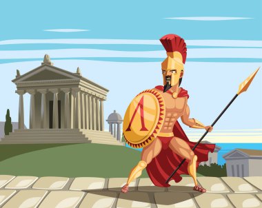 Arka planda Spartalı savaşçı ve Antik Yunan tapınağı