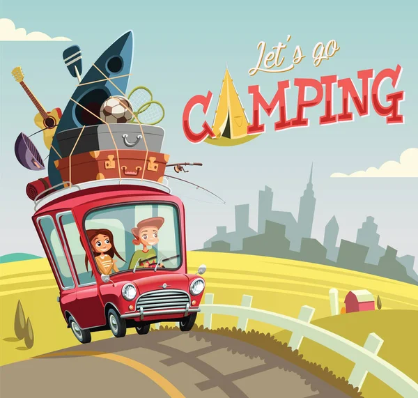 Young Couple Red Car Going Camping — Stock Vector