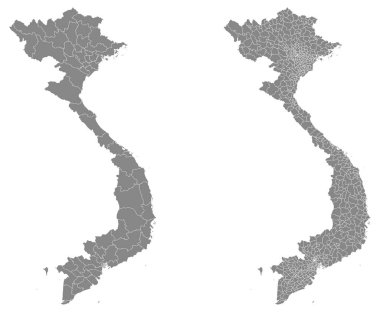 Vietnam bölgelerinin iki detaylı vektör haritası ve gri renkli idari alanlar