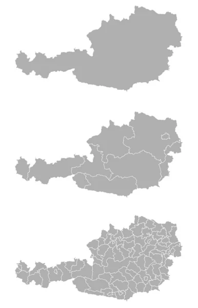 Drei Detaillierte Vektorkarten Österreichischer Verwaltungsregionen Und Gebiete Grauer Farbe — Stockvektor