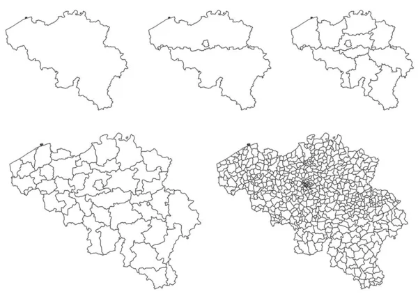 Fünf Detaillierte Vektorkarten Der Belgischen Verwaltungsregionen Und Gebiete Weißer Farbe — Stockvektor
