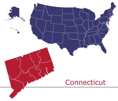 Usa haritalı Connecticut ilçe vektör haritası ulusal bayrak renkleri