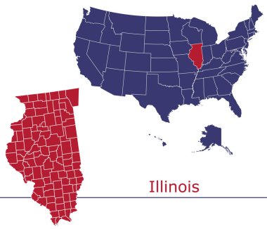 Usa haritalı Illinois ilçe vektör haritası ulusal bayrak renkleri