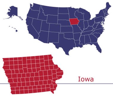 Usa haritalı Iowa ilçeleri vektör haritası ulusal bayrak renkleri