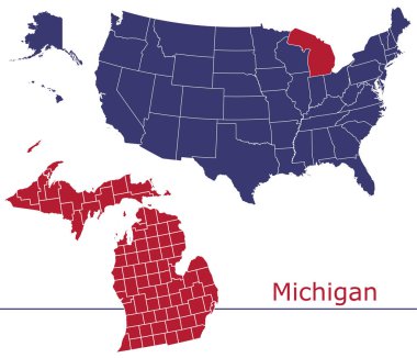 Usa haritalı Michigan ilçe vektör haritası ulusal bayrak renkleri