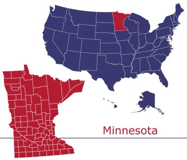 Usa haritalı Minnesota ilçesi vektör haritası ulusal bayrak renkleri