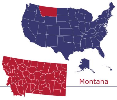 Usa haritalı Montana ilçe vektör haritası ulusal bayrak renkleri