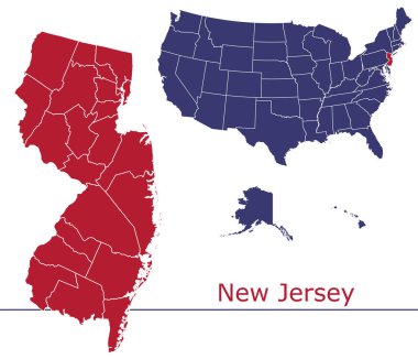 Usa haritalı New Jersey ilçe vektör haritası ulusal bayrak renkleri