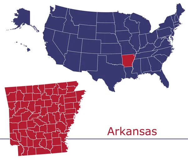 Arkansas Contee Mappa Vettoriale Con Mappa Usa Colori Bandiera Nazionale — Vettoriale Stock