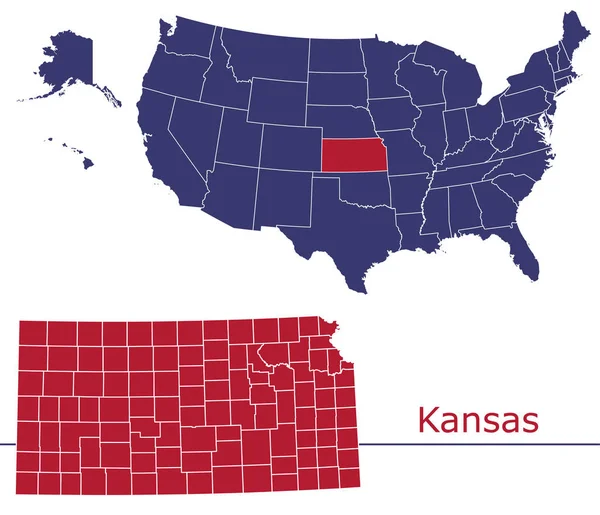 Kansas Counties Vektorkarte Mit Usa Map Farben Nationale Flagge — Stockvektor