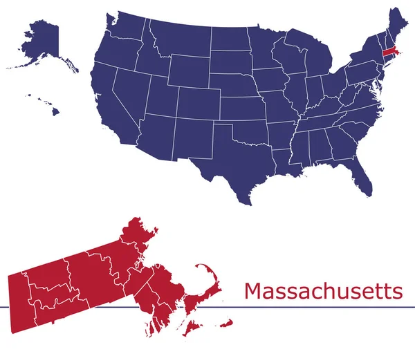 Massachusetts Condados Mapa Vectorial Con Mapa Colores Bandera Nacional — Vector de stock