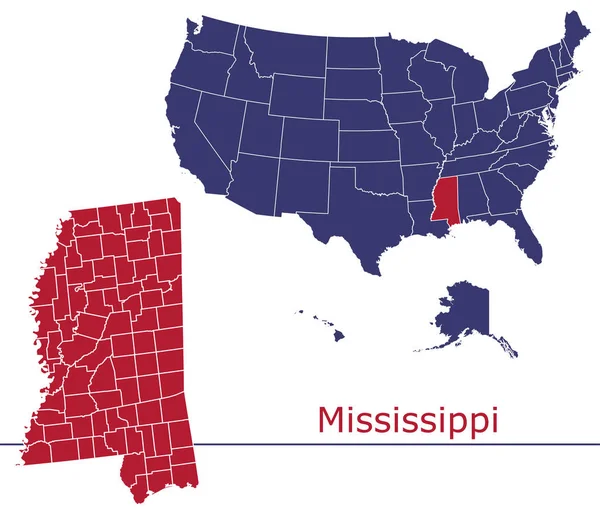 Mississippi Contee Mappa Vettoriale Con Usa Mappa Colori Bandiera Nazionale — Vettoriale Stock