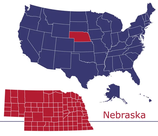 Carte Vectorielle Des Comtés Nebraska Avec Drapeau National Des Couleurs — Image vectorielle