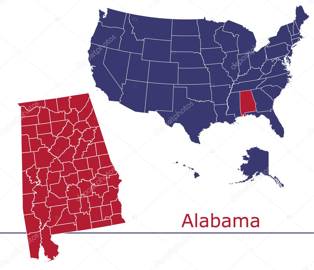 Alabama counties vector map with USA map colors national flag