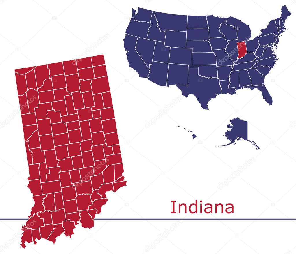 Indiana counties vector map with USA map colors national flag