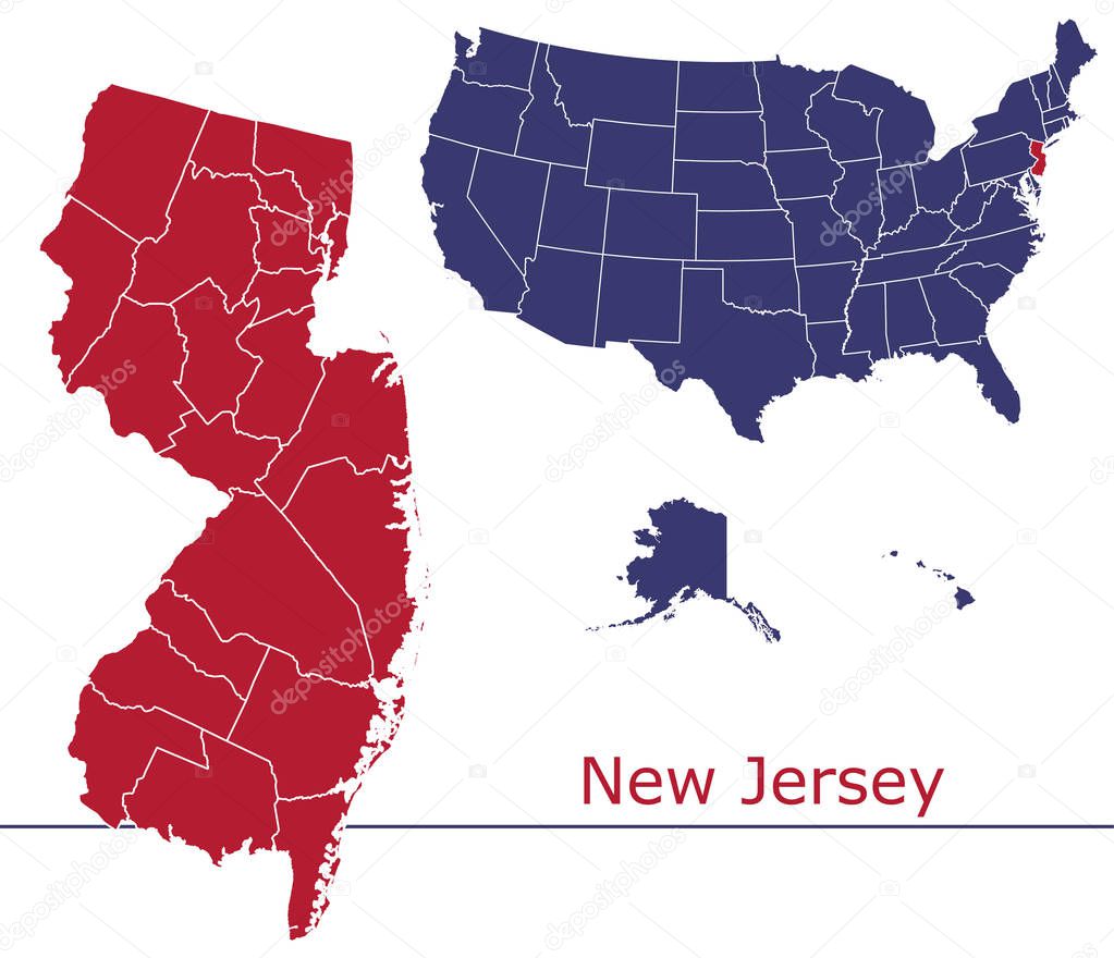 New Jersey counties vector map with USA map colors national flag
